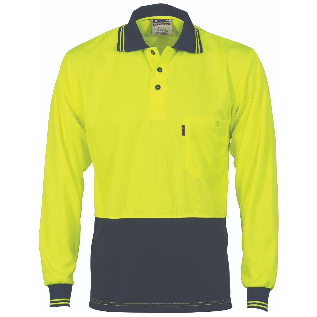 A hi-vis two-tone polo shirt with long sleeves, featuring a front pocket and pencil partition. The shirt is primarily yellow with navy accents.