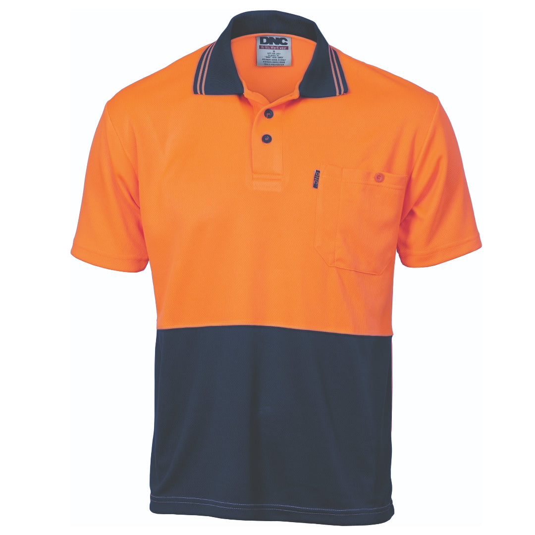 Orange and black two-tone polo shirt with short sleeves, featuring a collar, pocket, and pencil partition.