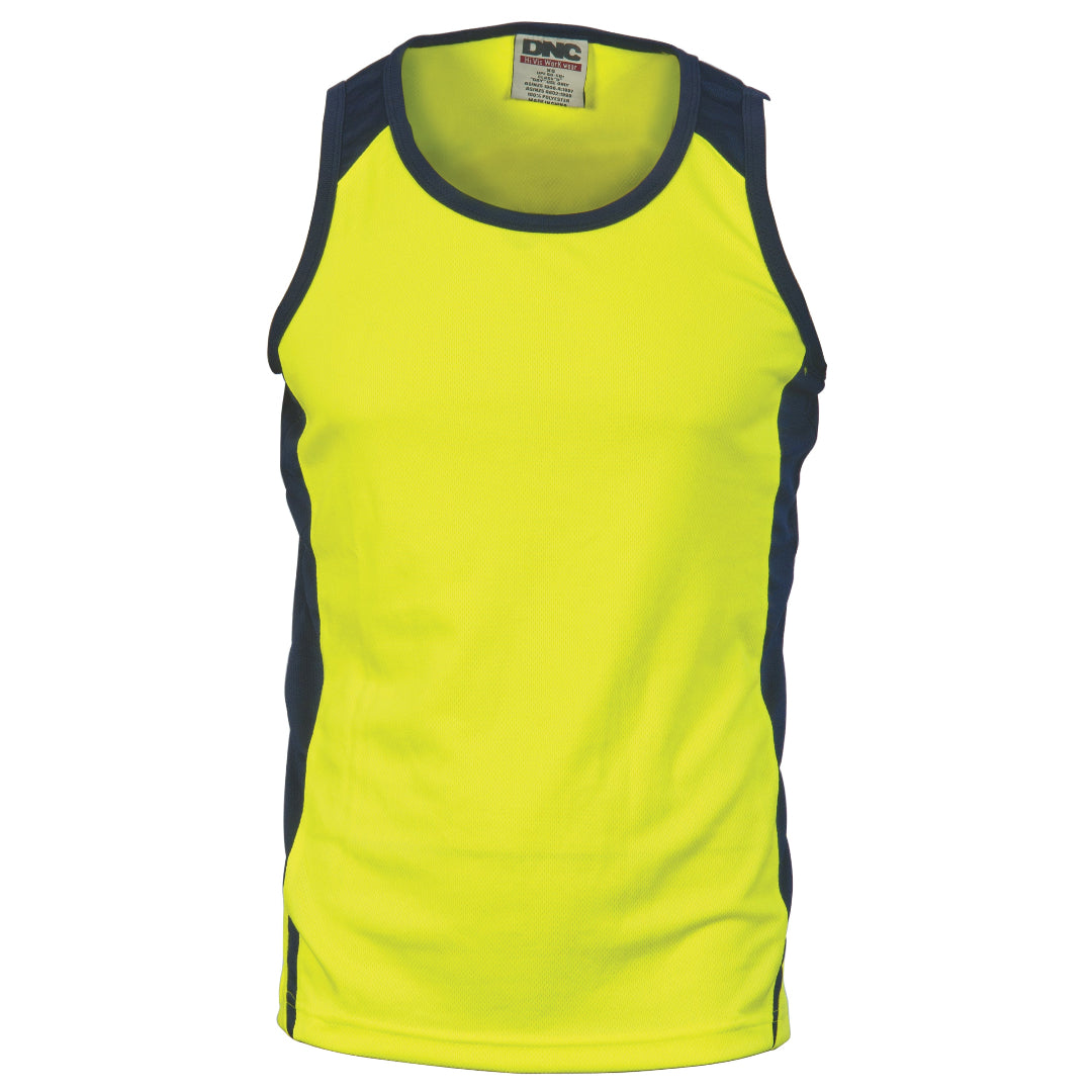 A yellow hi vis singlet with a contrasting blue panel, displayed on a plain background.