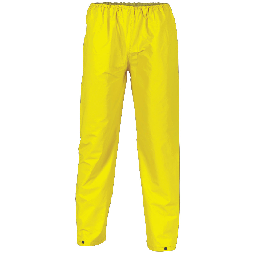 A pair of yellow PVC rain pants with elastic waist and adjustable leg cuffs.