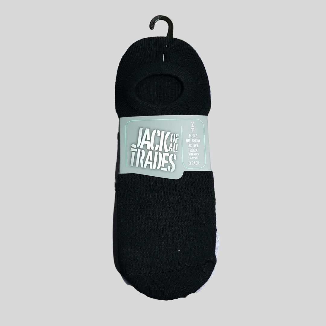 Stewarts Menswear, Mullumbimby. The Jack of all trades no show action socks 3 pack. Sits inside sport shoe for a no-show look. Extended heel pocket stops socks from slipping. Arch support and flat toe seam provide comfort. Cushion Foot. Colour is Black