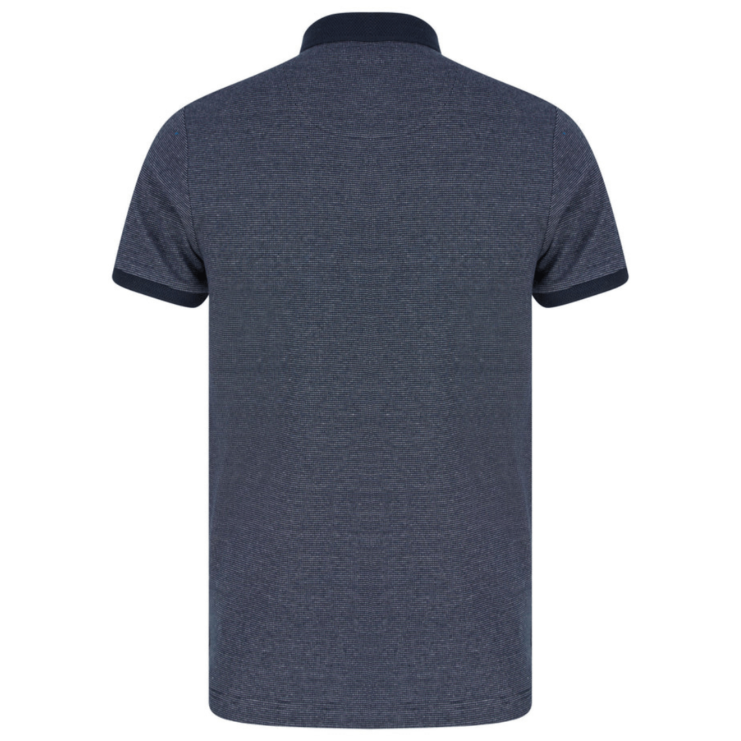Stewart's Menswear, Mullumbimby, Kensington Bardell Polo Shirt. polo shirt has a classic silhouette with a 3-button placket and short sleeves with cuffs. It's made of 100% cotton with a birdseye design for texture and comfort, and has a matching jacquard pattern collar and a chest pocket with button fastening. The shirt has a subtle metal decal at the hem and two small side slits. Back view of Navy Blue coloured Polo.