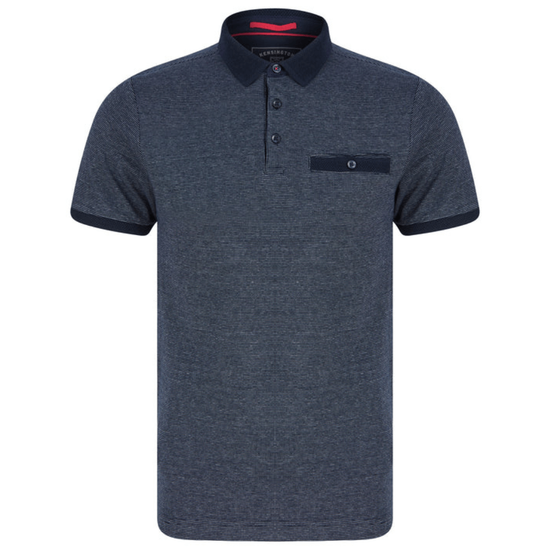 Stewart's Menswear, Mullumbimby, Kensington Bardell Polo Shirt. polo shirt has a classic silhouette with a 3-button placket and short sleeves with cuffs. It's made of 100% cotton with a birdseye design for texture and comfort, and has a matching jacquard pattern collar and a chest pocket with button fastening. The shirt has a subtle metal decal at the hem and two small side slits. Front view of Navy Blue coloured Polo.