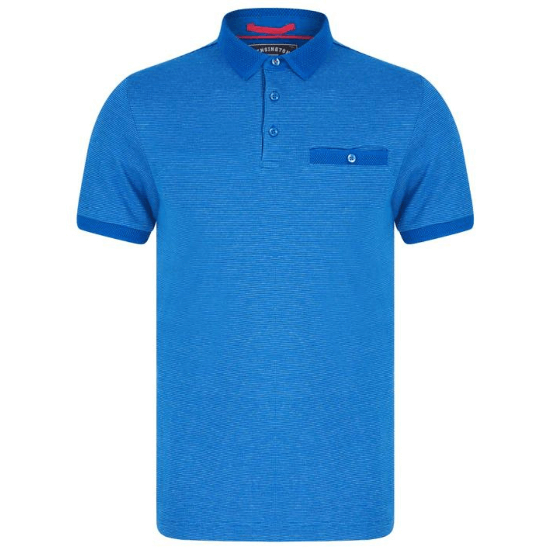 Stewart's Menswear, Mullumbimby, Kensington Bardell Polo Shirt. polo shirt has a classic silhouette with a 3-button placket and short sleeves with cuffs. It's made of 100% cotton with a birdseye design for texture and comfort, and has a matching jacquard pattern collar and a chest pocket with button fastening. The shirt has a subtle metal decal at the hem and two small side slits. Front view of Royal Blue coloured Polo.