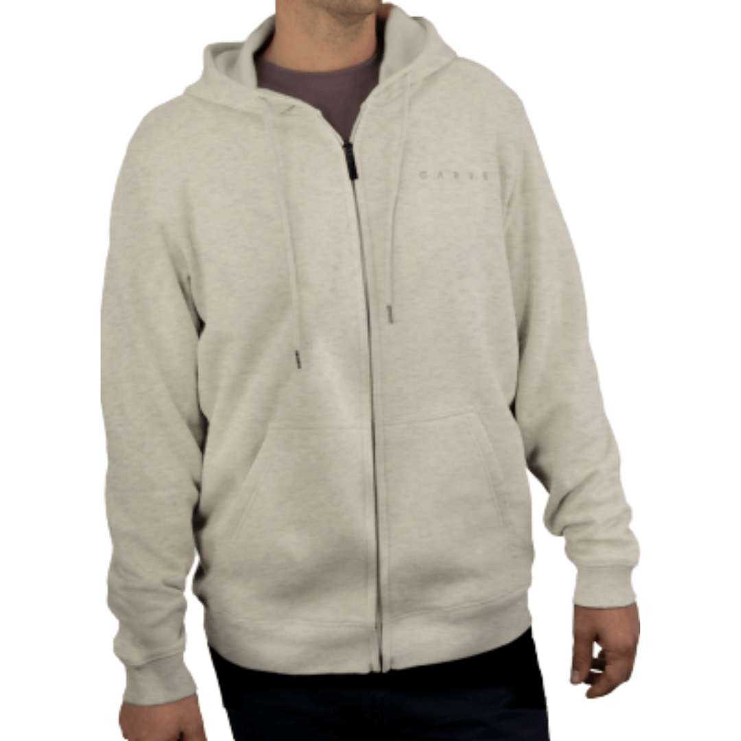 Knarley is a men's zip front hooded jacket from Carve surf brand and is made with a 280gsm cotton-polyester blend, making it durable as well as warm. A small understated same colour left chest embroidered Carve logo finishes off this classic regular fit Hoody. You can easily store your essentials like keys, phone, or wallet in the front pockets. With sizes from S to 5XL, no-one is excluded from having up to date seasonal fashion. Colourway is Oatmeal Marle.
