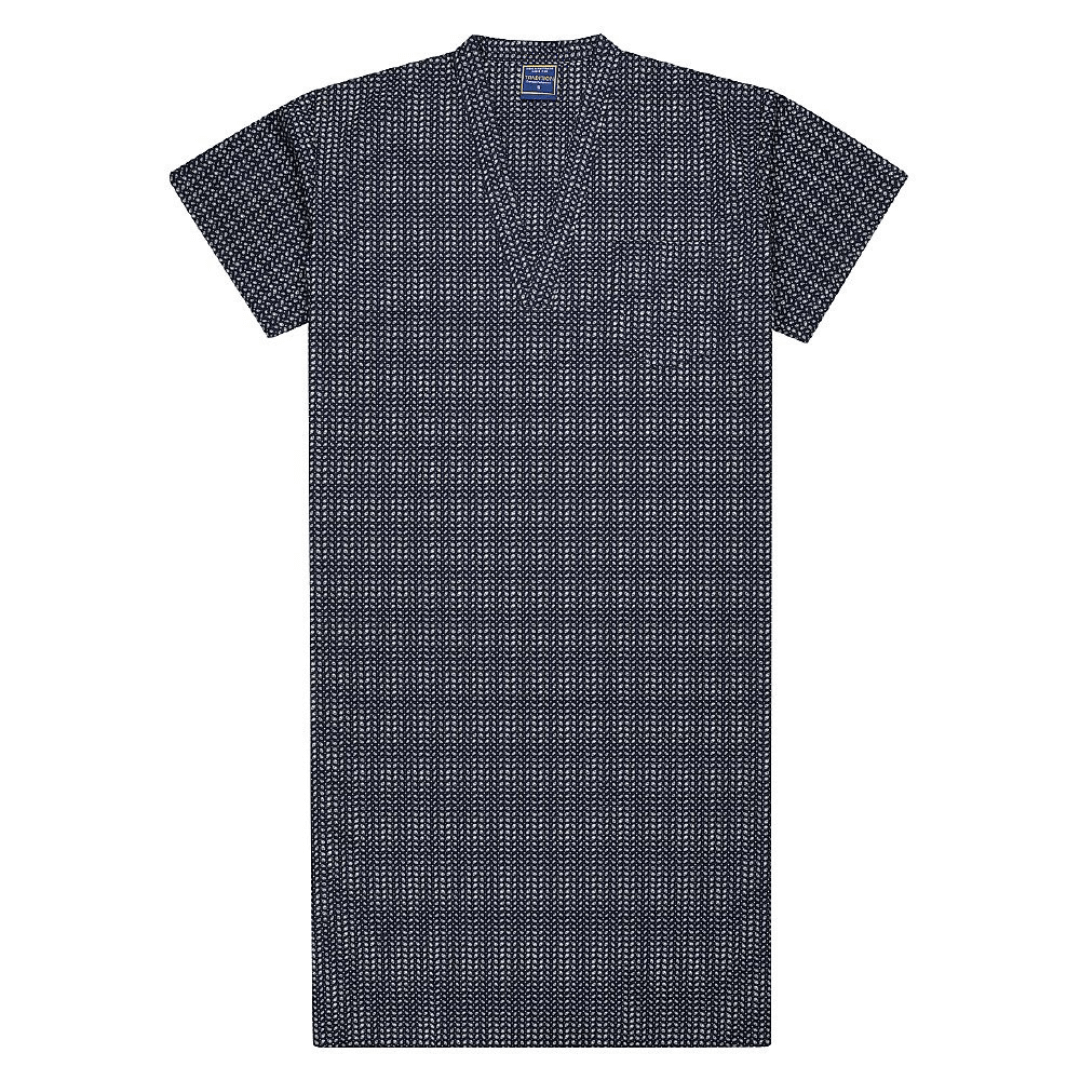 A comfortable free flowing short sleeve nightshirt made using a lightweight printed cotton blend material that keeps you extra cool on those hot evenings. Dark navy with small white feature patten, below knee length with chest pocket.