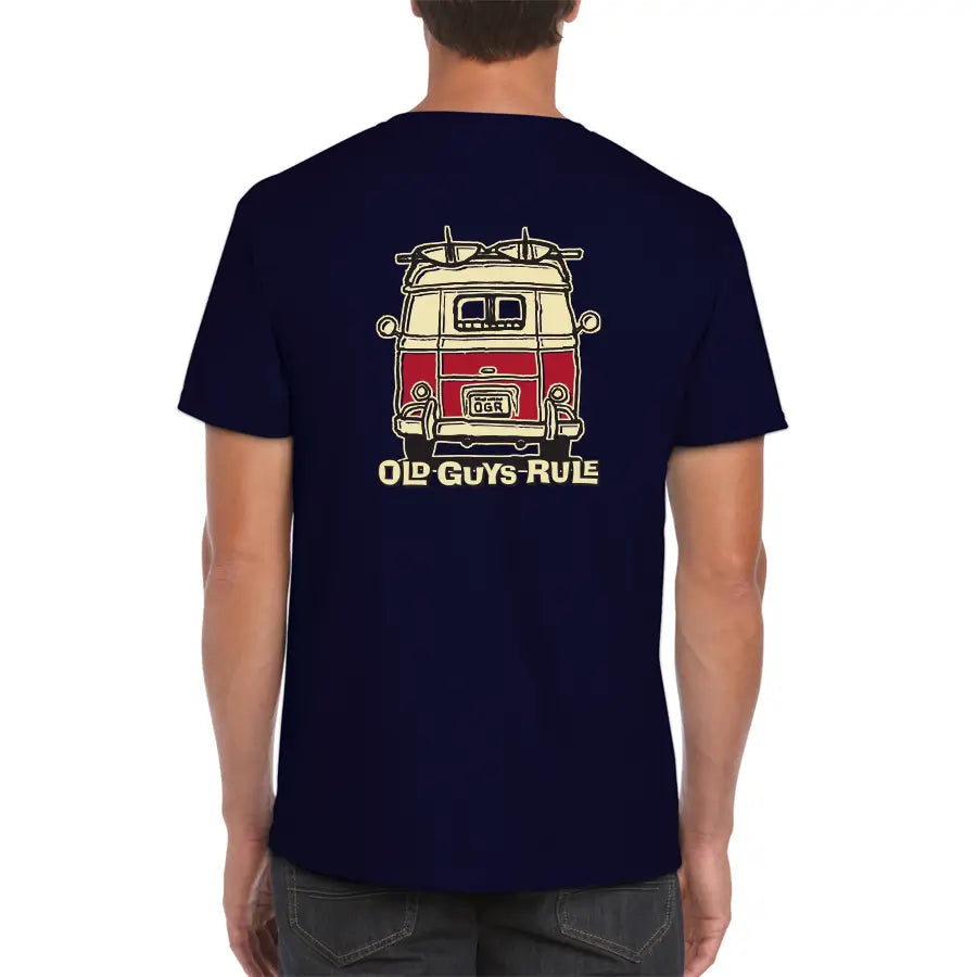 A navy 100% cotton men's T-shirt with novelty print. "Old Guys Rule". Print is the rear view of a red combi van. Old Guys Rule men's novelty print Tee shirt.