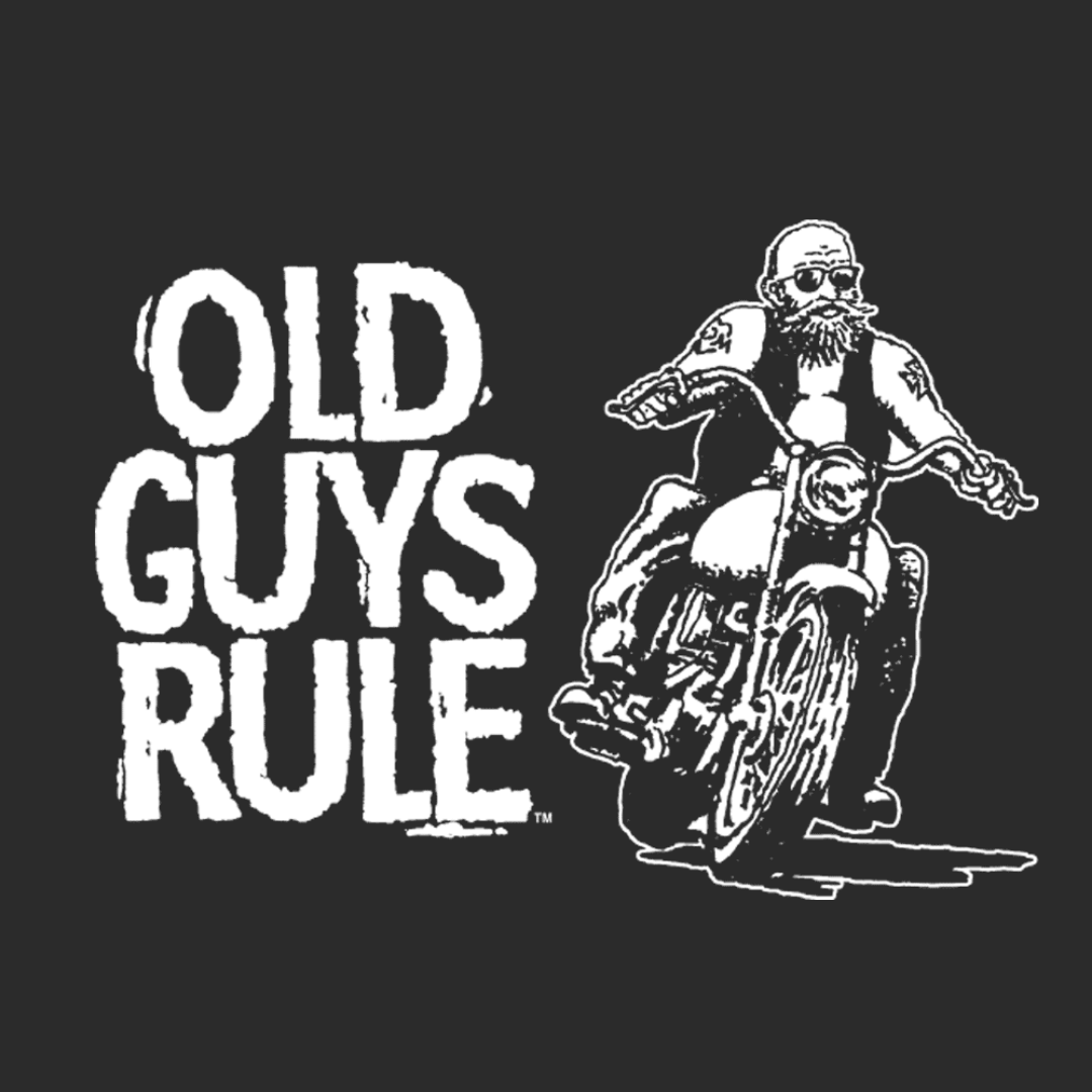 OLD GUYS RULE ~ Biker Guy! A fun motorbike picture and the perfect gift for any man who enjoys wearing their personality and showing their confident style! Perfect for the "Old Guy" in your life, give them a tee shirt they’ll wear and wear!  Understated and classy, the big, loud message is on the back and a smaller print version is on the front. Wear it and showcase your personality, because old guys rule! Enlarged version of motorbike image.