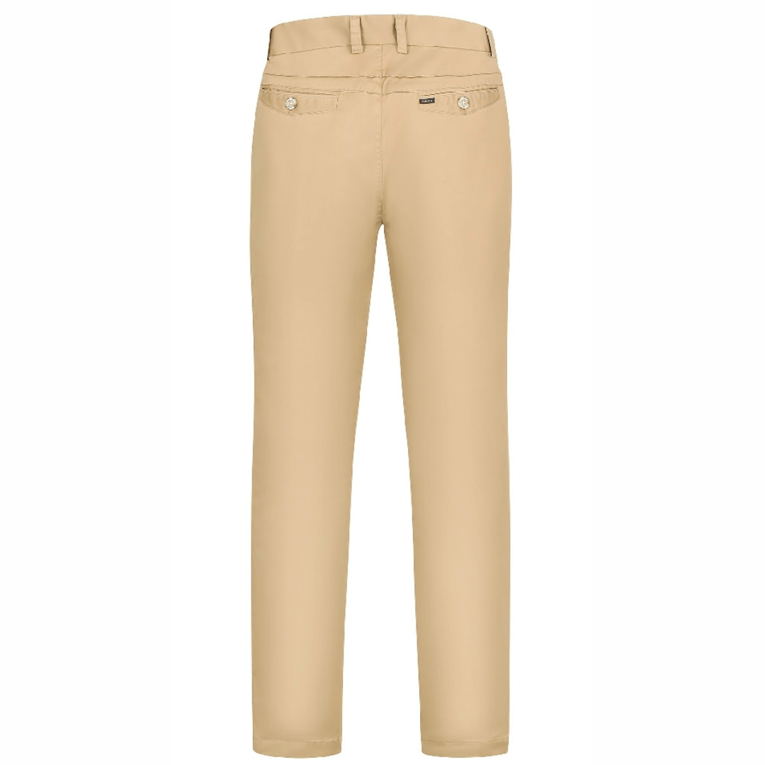 Stewarts Menswear Ritemate Pilbara Classic chino pants, Caramel colour, back view. The Pilbara Classic Chino Pant by Ritemate is the perfect addition to any men's wardrobe.. Made from 98% cotton and 2% elastane with superior garment assembly, twin needle stitching and a quality YKK zipper, the Classic Chino Pant is designed to last.  The action waistband provides a comfortable fit for all day wear and the soft peach finish gives these men's pants a luxurious feel.