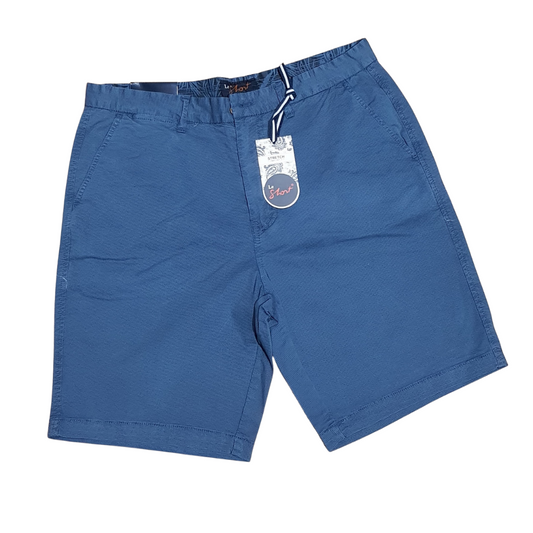 Stewarts Menswear Le Short stretch cotton shorts.  Made with a blend of 97% cotton and 3% spandex, they offer a comfortable and flexible fit that moves with you throughout the day.   These shorts come in a range of classic colours, making them easy to pair with your favourite summer shirts, and with a range of sizes available, there is a perfect fit for every body type.  It is hard to see in the images, these shorts feature a tiny all over check print on the fabric. Colour is smoke blue, front view.