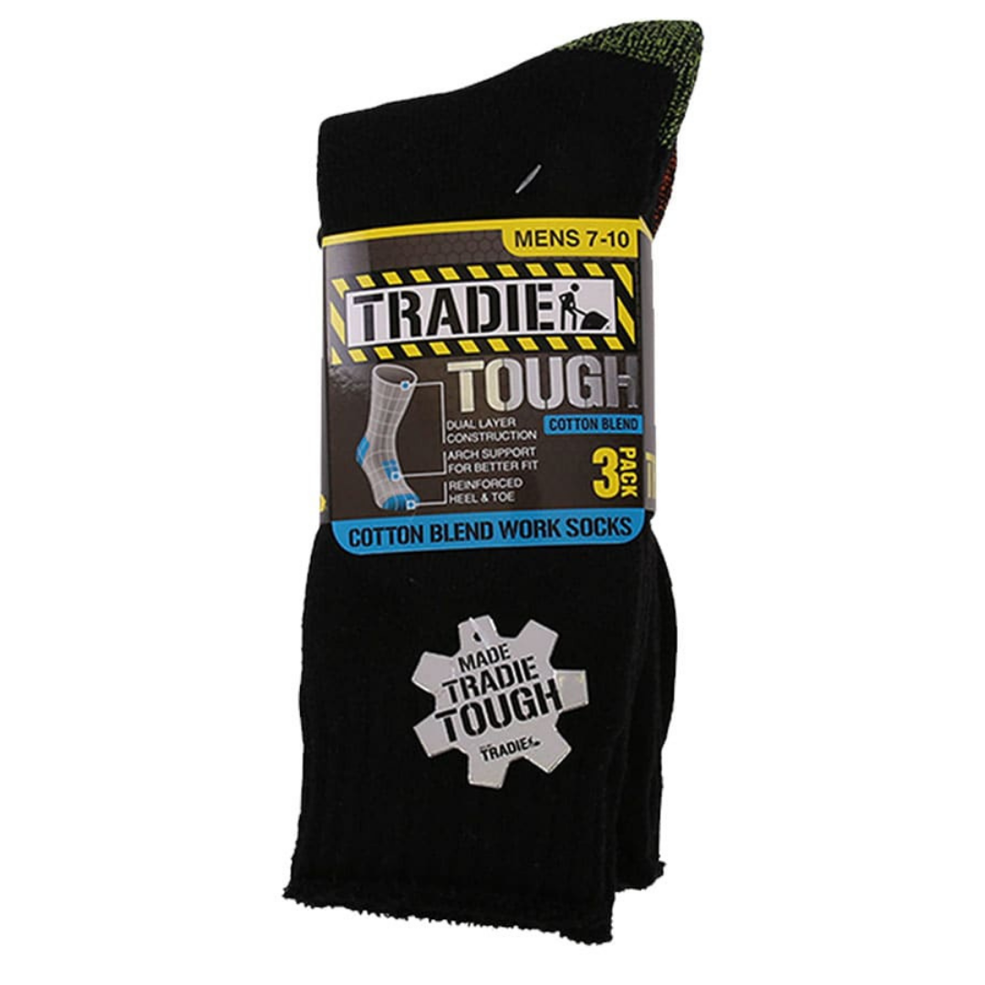 Tradie Cotton Blend Work Sock 3 Pack available at Stewart’s Menswear Mullumbimby. Cushioned work socks with arch support and reinforced heel and toe.