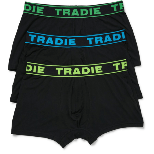 Stewarts Menswear Tradie underwear Men's 3 pack bamboo trunk. A recent addition to the Tradie range, the men's bamboo trunks made from a blend of viscose made from bamboo and elastane for everyday comfort.  Each pack contains 3 pairs of black trunks which feature a Tradie branded elastic waistband and a fully lined pouch. Image of 3 trunks laying out flat.