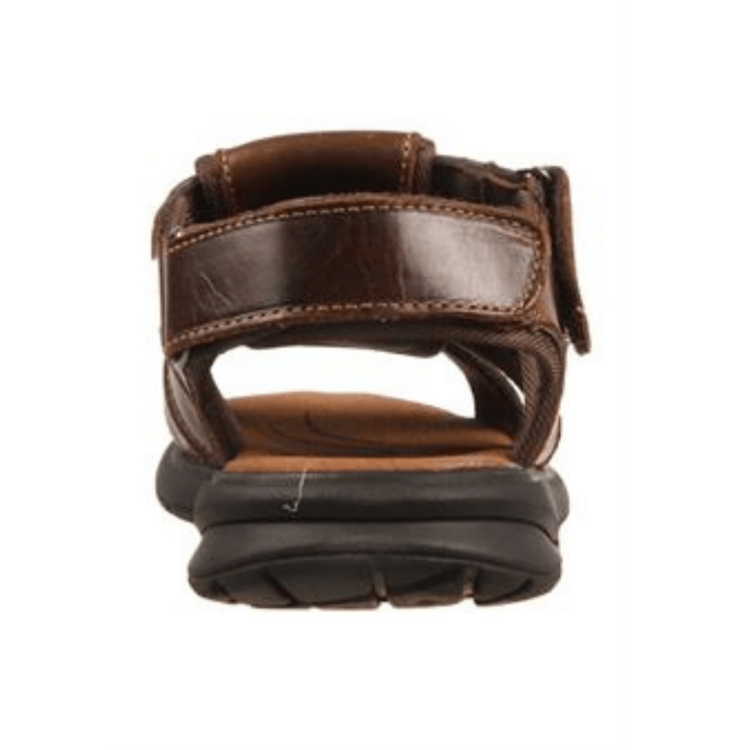 Chester sandals by Woodlands are the perfect everyday leather sandals for men. Features a leather upper and leather lined padded insole with wo adjustable velcro straps, at the side and back for custom fit. Back View