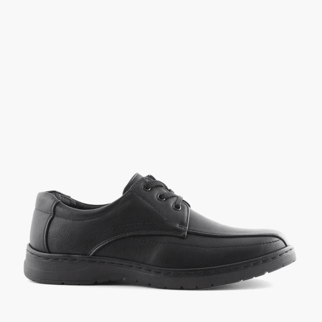 Stewart's Menswear Woodlansd Luai Men's lace up shoe. Luai by Woodlands is a men's lace-up shoe which features patterned stitching and a cushioned collar with a durable rubber outsole. Man-made upper, lining and sole. Side View, Colour is black.