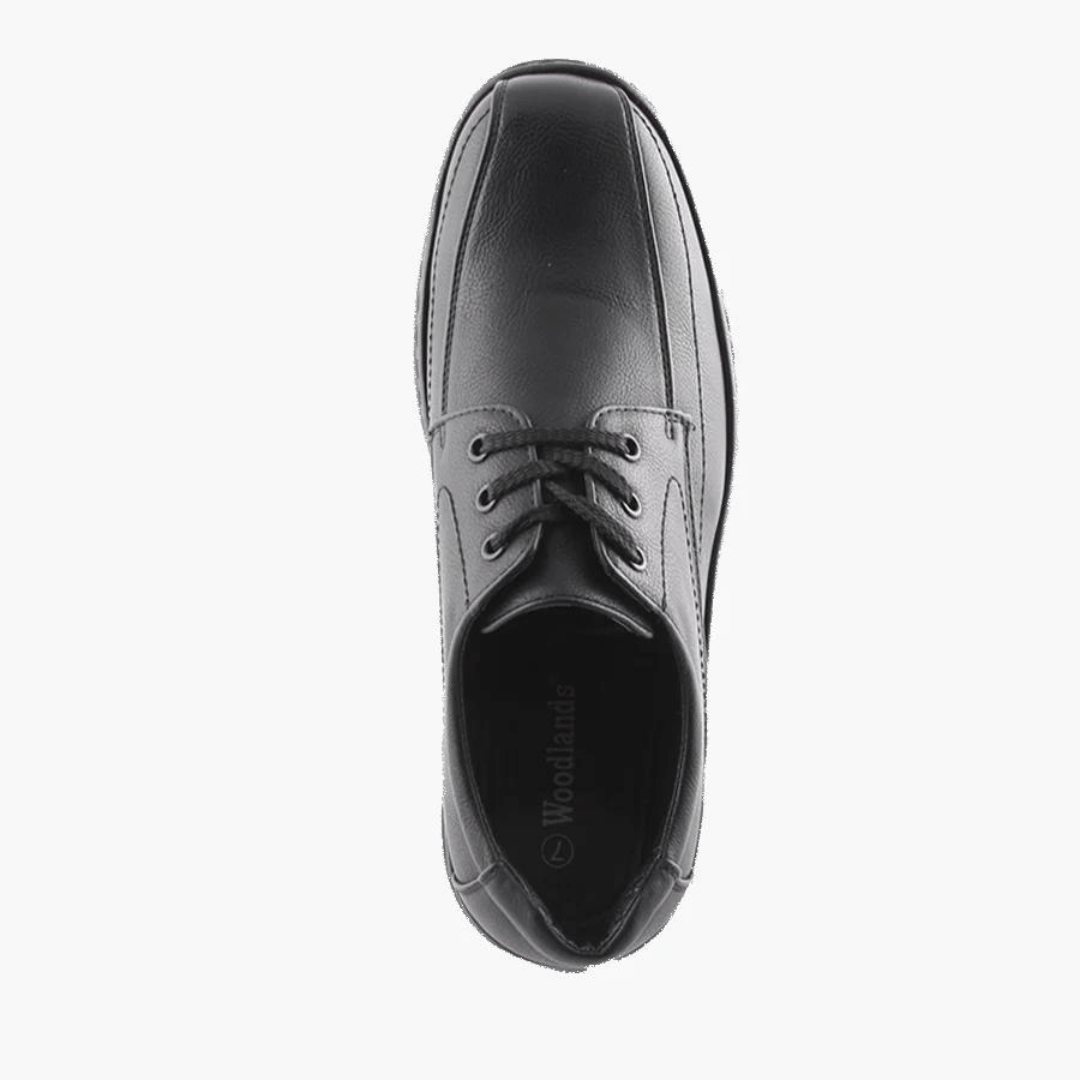 Stewart's Menswear Woodlansd Luai Men's lace up shoe. Luai by Woodlands is a men's lace-up shoe which features patterned stitching and a cushioned collar with a durable rubber outsole. Man-made upper, lining and sole. Top View, Colour is black.