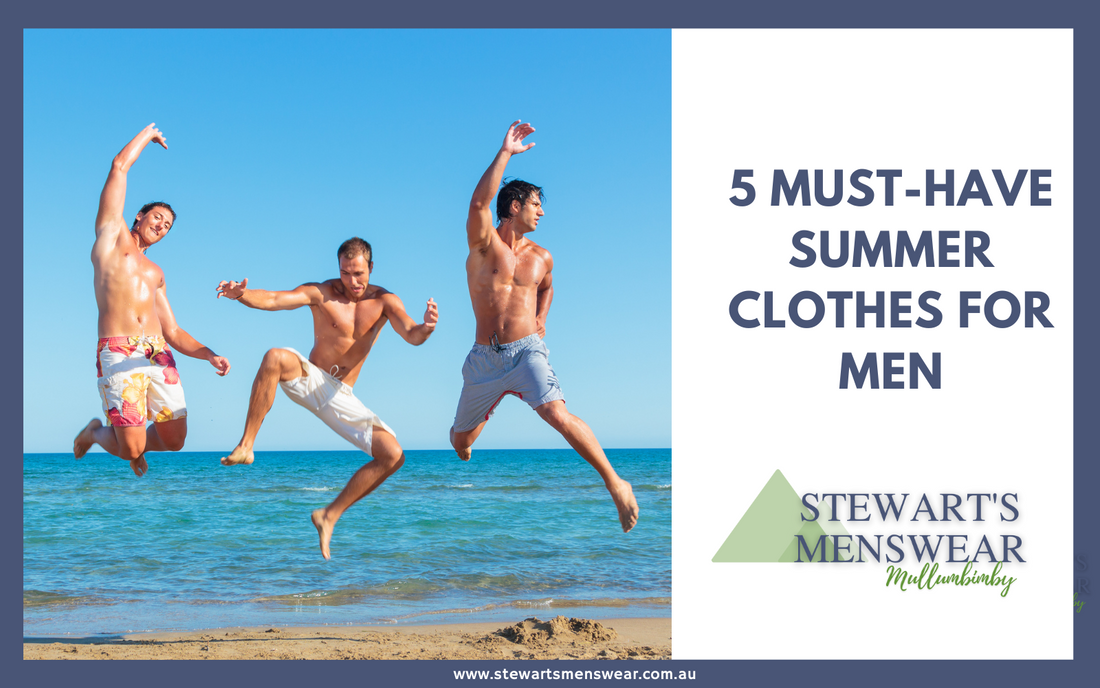 Stewart's Menswear Mullumbimby. An image of three men on the beach jumping in the air.