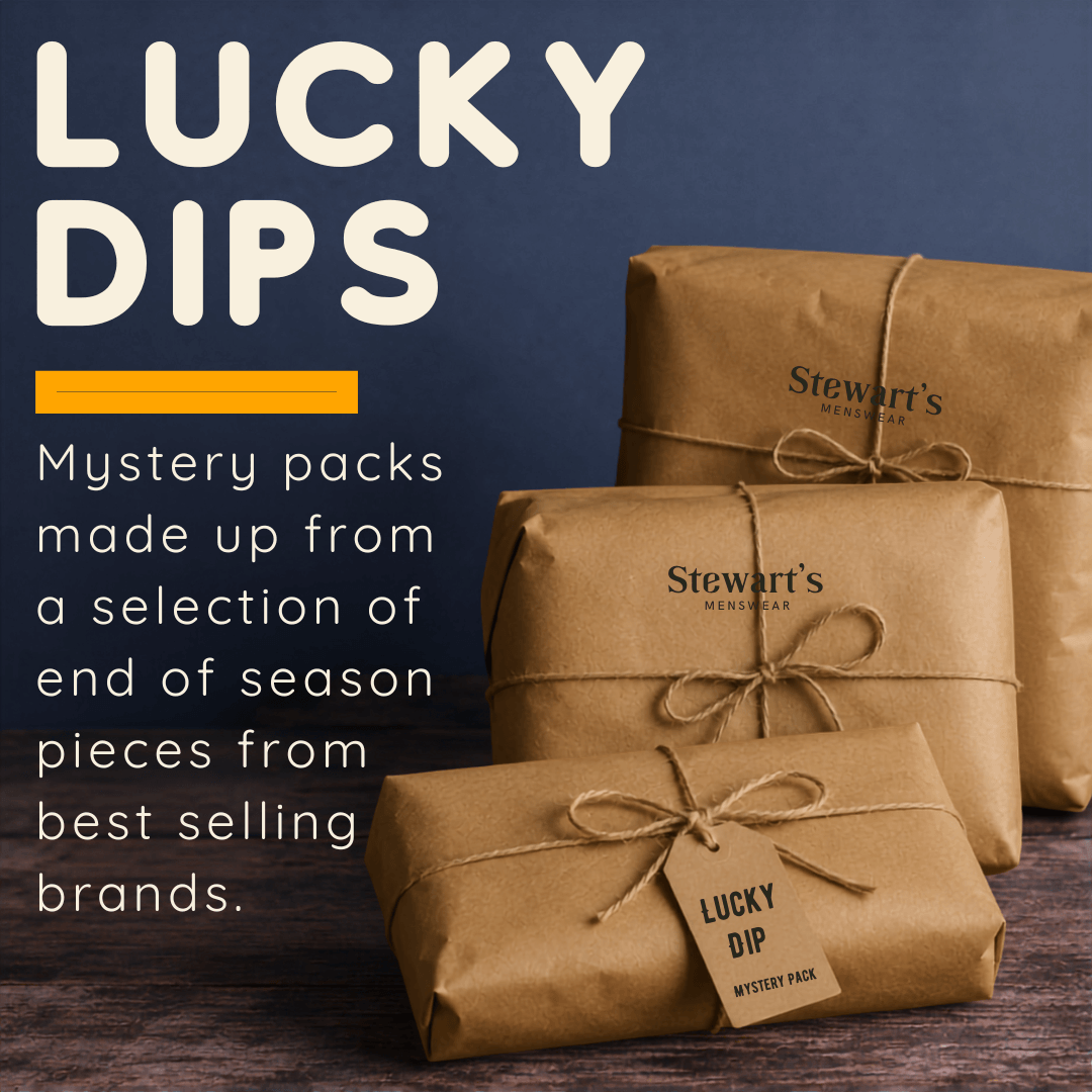 Stewart's Menswear Lucky Dips. Mystery packs made up from a selection of end of season pieces from best selling brands. Image of 3 mystery parcels wrapped in brown paper.