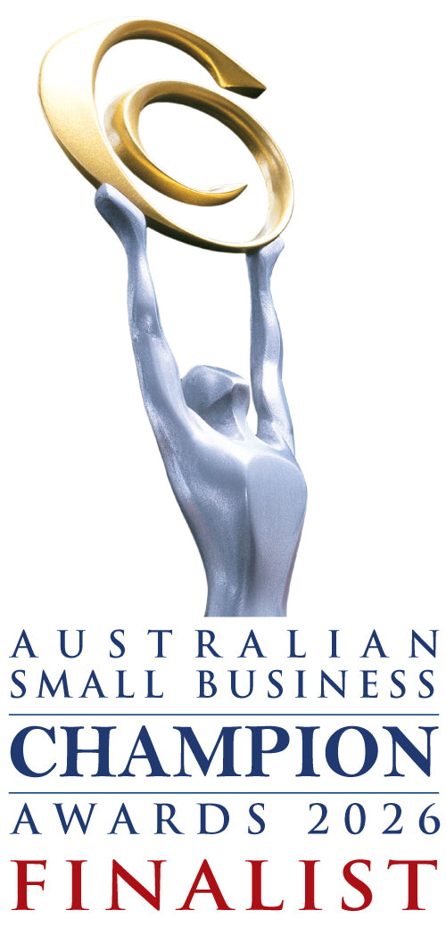 Logo for the Australian Small Business Champion Awards 2026 Finalist featuring a hand holding a gold award.