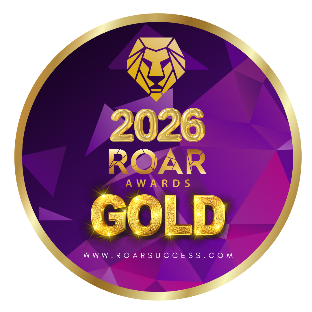 A circular gold and purple award badge featuring a lion head icon, the text '2026 ROAR AWARDS GOLD,' and the website 'WWW.ROARSUCCESS.
