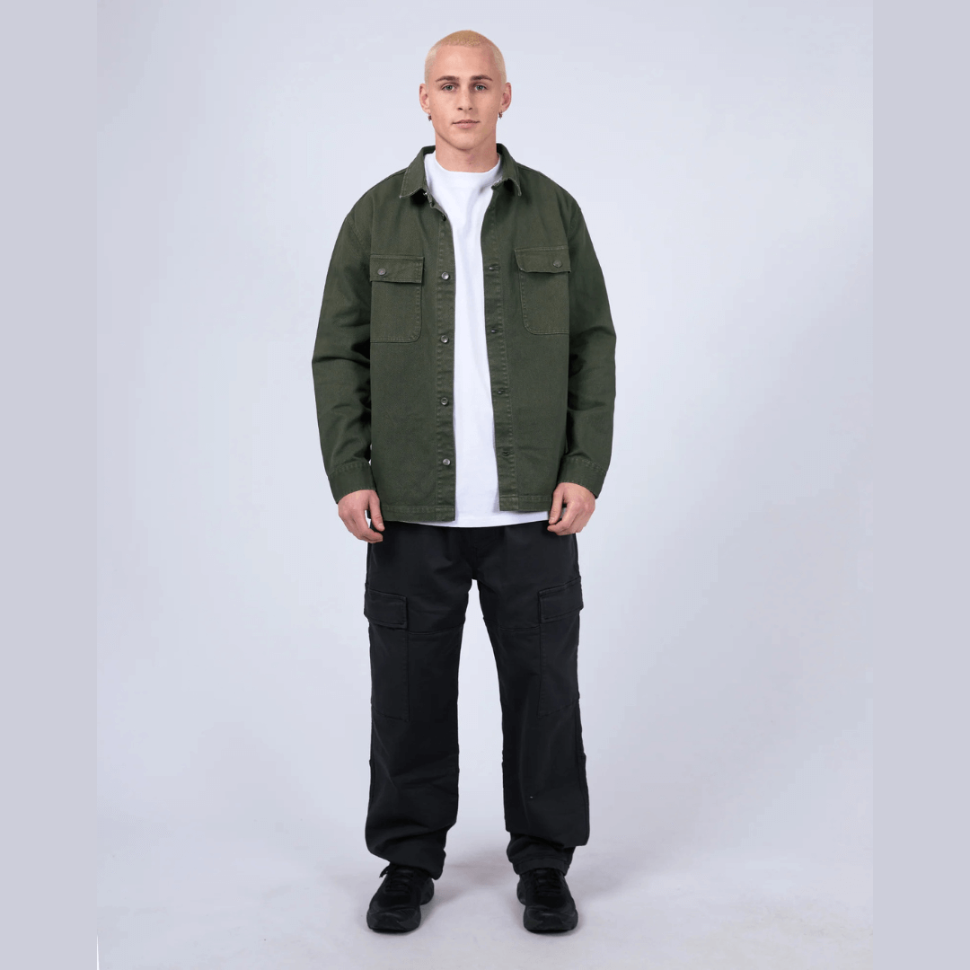 Stewarts Menswear Mullumbimby. Photo shows male model wearing St Goliath Disorder Overshirt. Full Front view, Colour is Khaki.