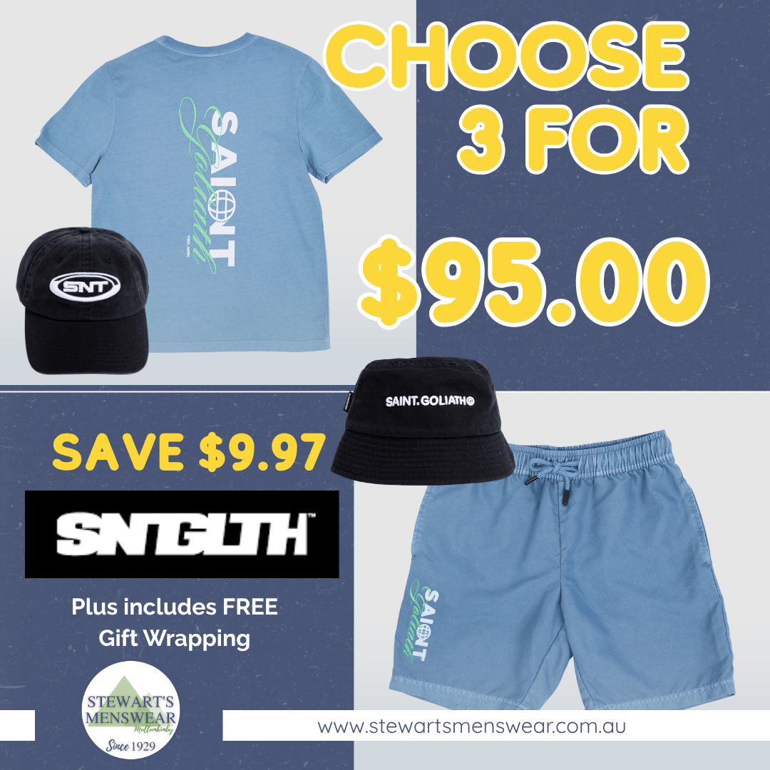 St Goliath Boys Gift Pack featuring the Global Tee, matching Global Swim Short, and a choice of SNT Cap or Suns Out Bucket Hat, available at Stewart's Menswear Mullumbimby.