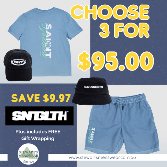 St Goliath Boys Gift Pack featuring the Global Tee, matching Global Swim Short, and a choice of SNT Cap or Suns Out Bucket Hat, available at Stewart's Menswear Mullumbimby.