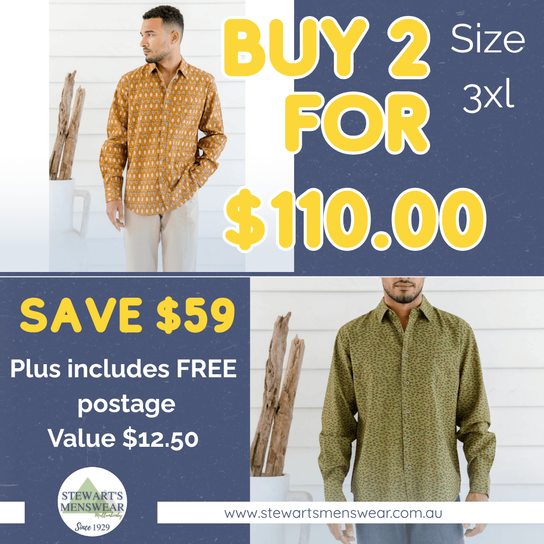Promotional graphic for Stewart's Menswear featuring two men modeling button-down shirts. The left model wears a mustar patterned shirt, and the right model wears an olive green patterned shirt with text Buy 2 for $110
