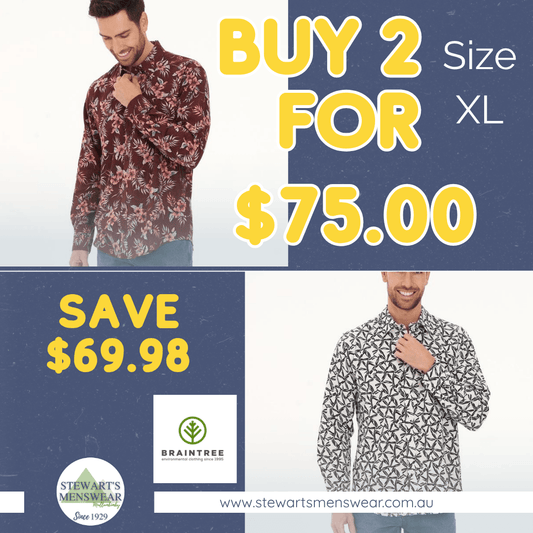 Promotional banner for Stewart's Menswear featuring two models wearing long-sleeve button-up shirts. The top-left model wears a dark red and brown floral pattern, while the bottom-right model wears a navy and white geometric pattern with Text Buy 2 for $75