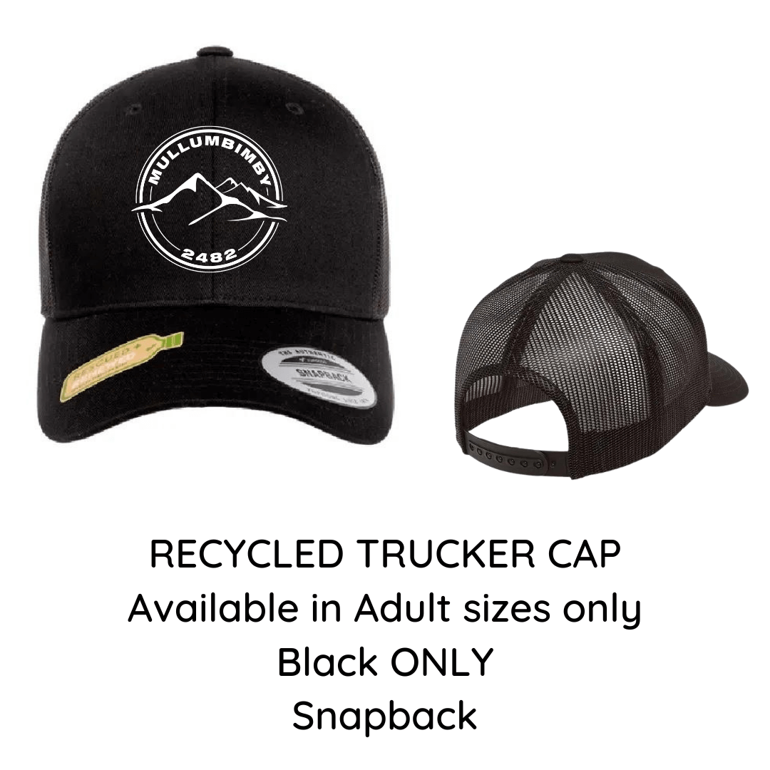 Stewarts Menswear Unisex Mullumbimby Souvenir Cap. Recycled Trucker Cap 6 Panel. the perfect way to remember your visit to Mullumbimby or show off your local pride!  Available in Adult  Sizes in Black only. Cap has an adjustable snapback closure.