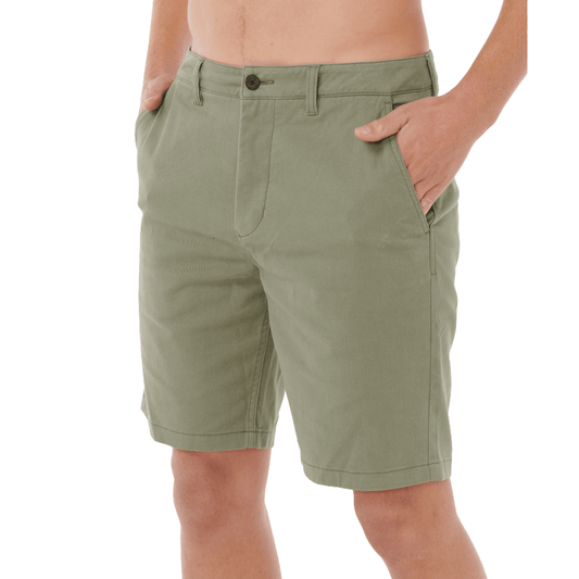 Rip Curl Classic Surf Chino Walkshort  available at Stewart’s Menswear Mullumbimby. Men’s stretch cotton chino shorts with garment wash finish and back welt pockets. Photo shows front view, colour is Cactus Green
