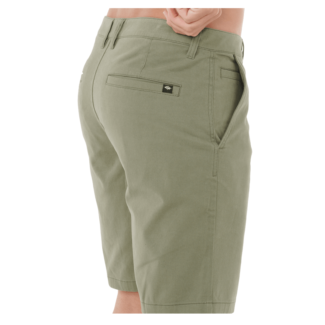 Rip Curl Classic Surf Chino Walkshort  available at Stewart’s Menswear Mullumbimby. Men’s stretch cotton chino shorts with garment wash finish and back welt pockets. Photo shows side view, colour is Cactus Green