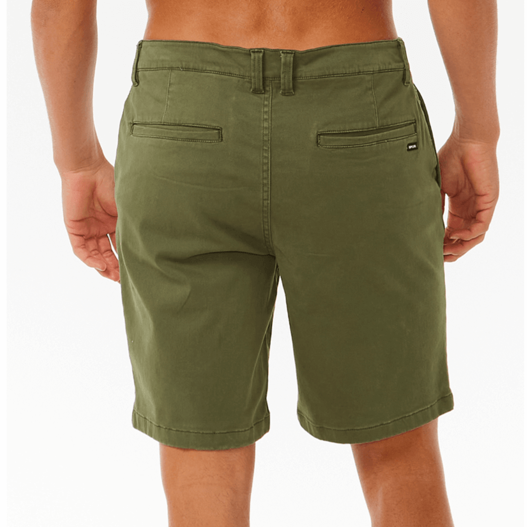 Stewarts Menswear Rip Curl Classic Surf Chino Short. Colour is Dark Olive. Photo shows model wearing Rip Curl Classic Surf Chino Short, back view.