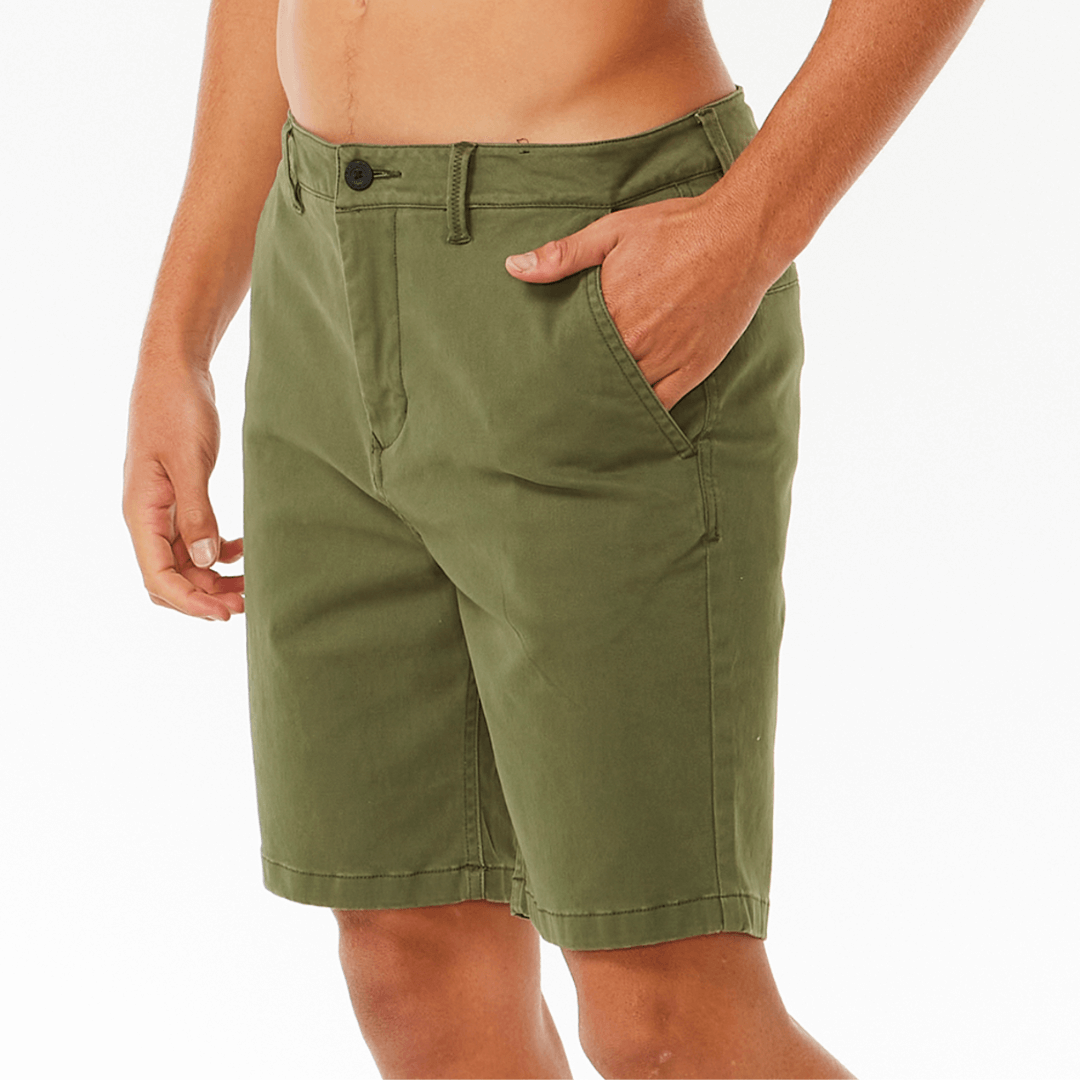 Classic Surf Chino Walkshort  available at Stewart’s Menswear Mullumbimby. Men’s stretch cotton chino shorts with garment wash finish and back welt pockets. Photo shows front view, colour is Dark Olive