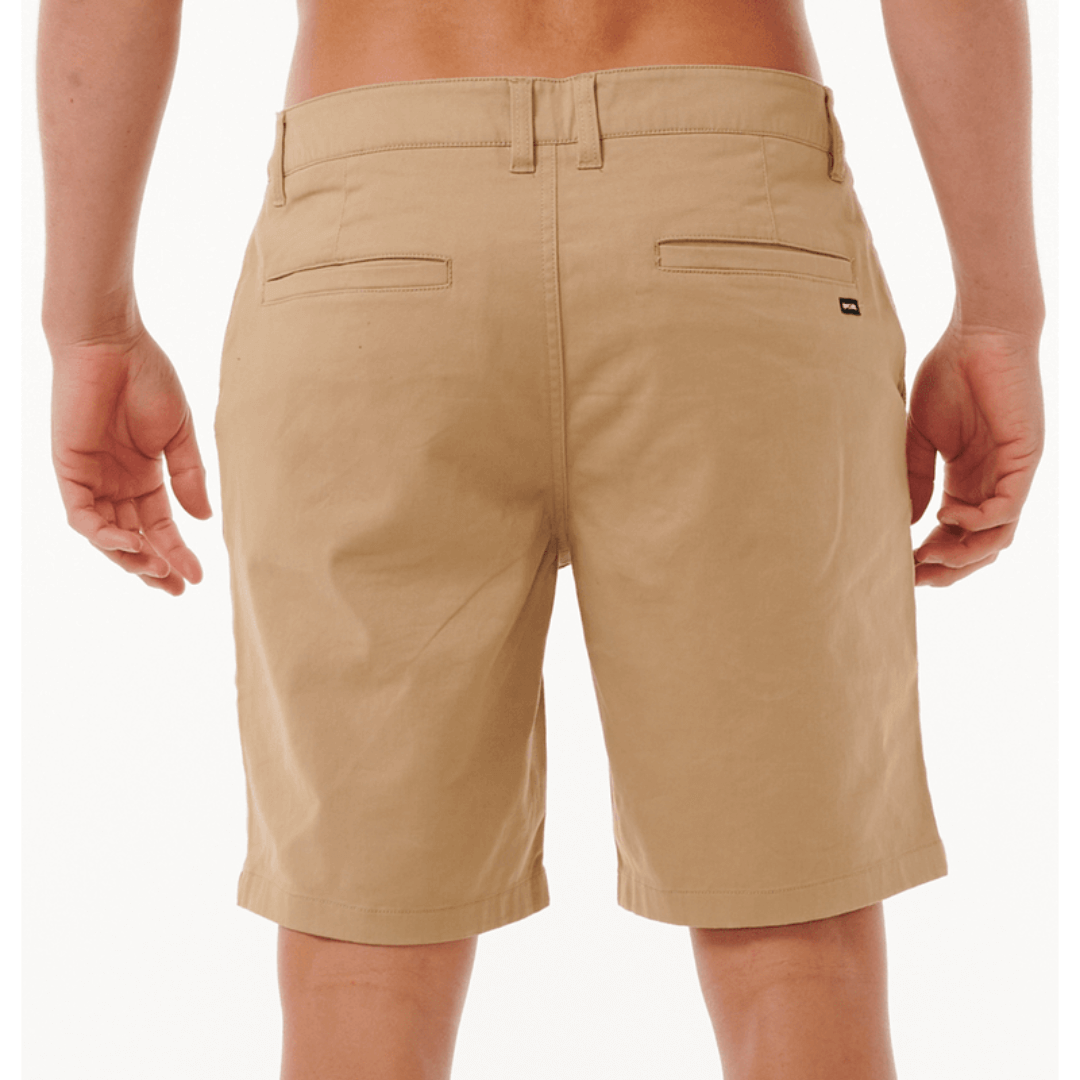 Classic Surf Chino Walkshort  available at Stewart’s Menswear Mullumbimby. Men’s stretch cotton chino shorts with garment wash finish and back welt pockets. Photo shows back view, colour is Khaki.