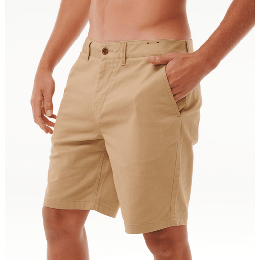 Classic Surf Chino Walkshort  available at Stewart’s Menswear Mullumbimby. Men’s stretch cotton chino shorts with garment wash finish and back welt pockets. Photo shows front view, colour is Khaki