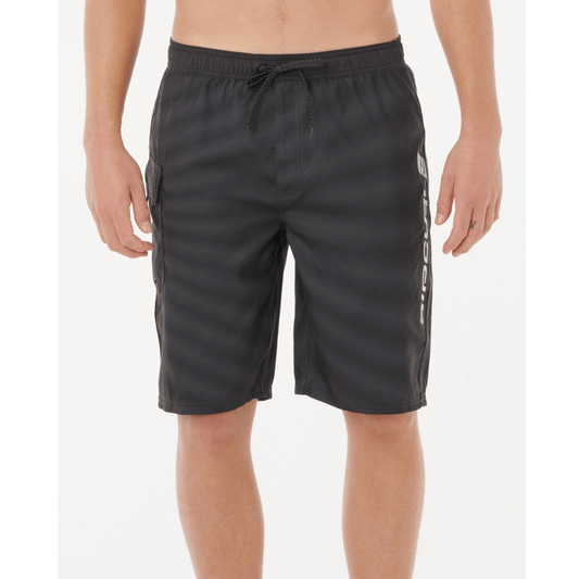 Shock Easy Fit 21" Boardshort  available at Stewart’s Menswear Mullumbimby. Men’s recycled polyester boardshort with elastic waistband and engineered print. Photo shows front view, colour is black.