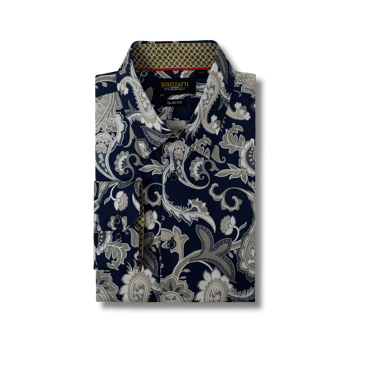 Stewarts Menswear Mullumbimby Scuzzatti long sleeve shirt. Our men's slim fit long sleeve shirt is stylish and comfortable. Made from a soft, breathable blend of 98% cotton and 2% elastane. Featuring modern prints with a contrast print inside collar and cuffs, these shirts are perfect for the transition from Winter to Spring and can be dressed up or down depending on the occasion. Navy shirt with grey, white, and beige paisley pattern. Beige and Navy contrast print inside collar and cuffs.