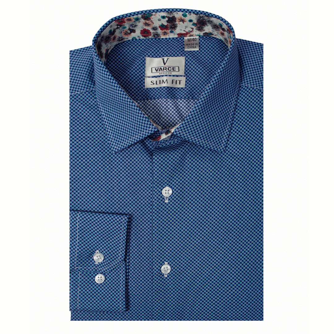 Stewarts Menswear Varce long sleeve shirt. Colour is Blue with lighter blue tiny square pattern. Made from 100% cotton and featuring modern prints with a contrast print inside collar and cuffs, these shirts are perfect for the transition from Winter to Spring and can be dressed up or down depending on the occasion. 