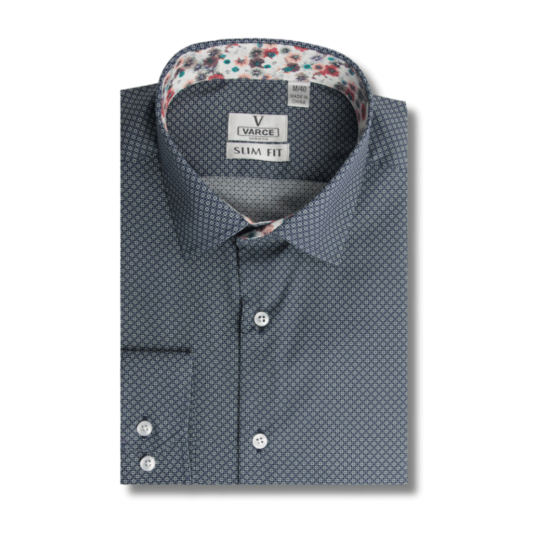 Stewarts Menswear Varce long sleeve shirt. Colour is Charcoal with black and white geometric pattern. Made from 100% cotton and featuring modern prints with a contrast print inside collar and cuffs, these shirts are perfect for the transition from Winter to Spring and can be dressed up or down depending on the occasion. 