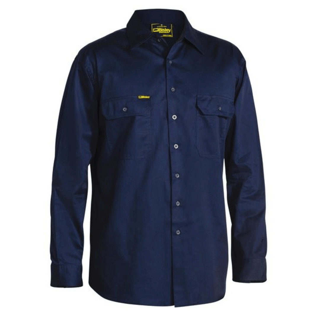 Navycoloured Bisley cool lightweight long sleeve work shirt available from Stewart's Menswear in Mullumbimby.