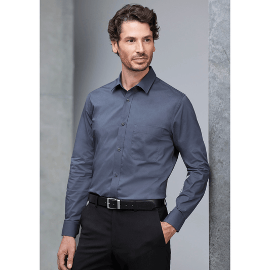 Stewarts Menswear Fashion Biz Mason classic long sleeve shirt. Colour is slate. Photo shows model wearing Mason classic long sleeve shirt, front view.