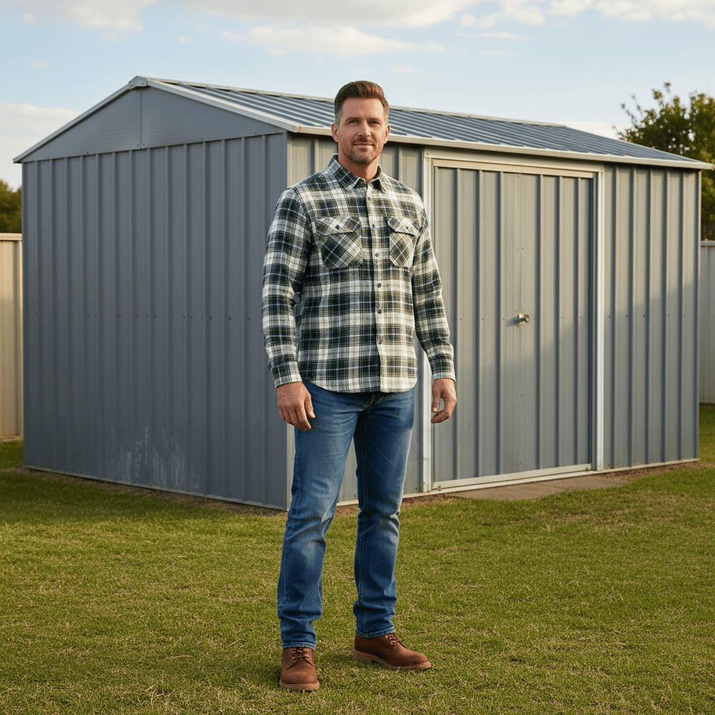 Man wearing a Pilgrim flannelette shirt standing in front of a metal shed on a grassy lawn area