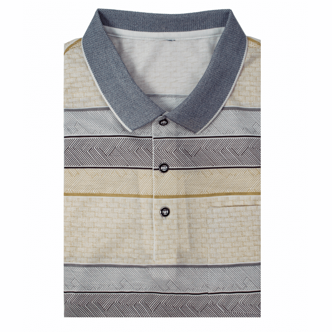 Stewarts Menswear Ambassador cotton rich polo shirt. These polos are made using a super light weight cotton blend material with a soft wash finish which means it is extremely breathable which is perfect for warmer weather. Stripes of Fawn, Grey and Black (each with a fine line self pattern). 