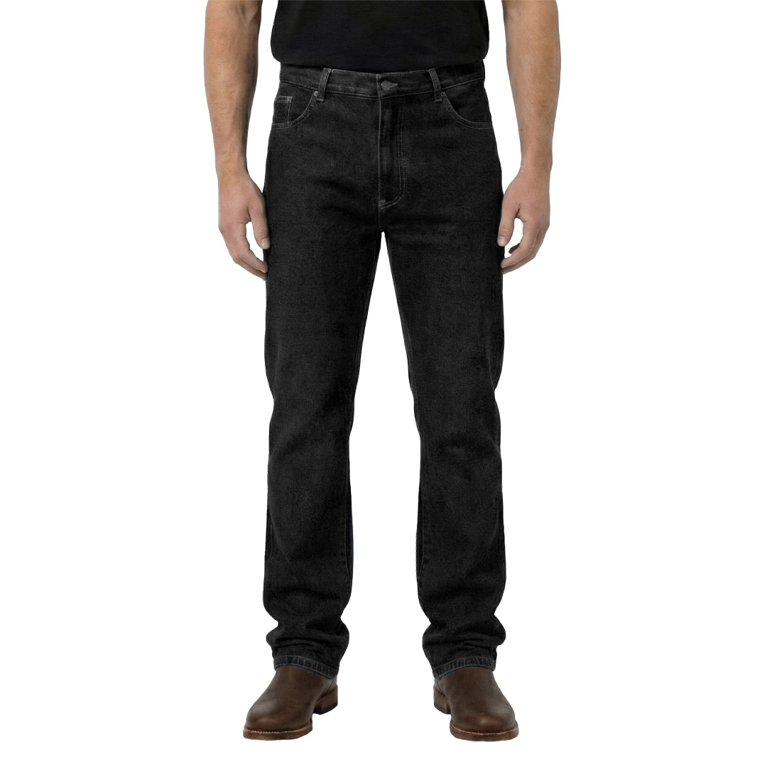 Front View of AMCO Stretch Denim Jeans in Black available at Stewart’s Menswear Mullumbimby. Straight-fit men’s stretch denim jeans for everyday comfort.