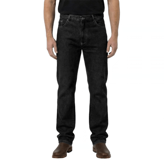 Front View of AMCO Stretch Denim Jeans in Black available at Stewart’s Menswear Mullumbimby. Straight-fit men’s stretch denim jeans for everyday comfort.