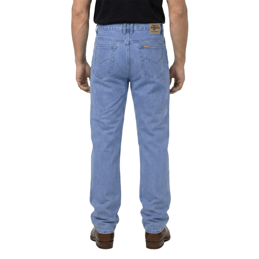 Back View of AMCO Stretch Denim Jeans in Light Stonewash available at Stewart’s Menswear Mullumbimby. Straight-fit men’s stretch denim jeans for everyday comfort.