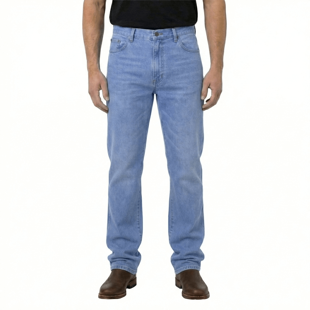 Front View of AMCO Stretch Denim Jeans in Light Stonewash available at Stewart’s Menswear Mullumbimby. Straight-fit men’s stretch denim jeans for everyday comfort.