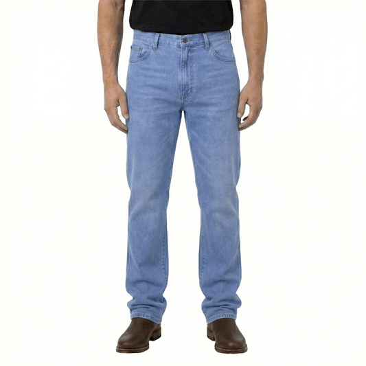 Front View of AMCO Stretch Denim Jeans in Light Stonewash available at Stewart’s Menswear Mullumbimby. Straight-fit men’s stretch denim jeans for everyday comfort.