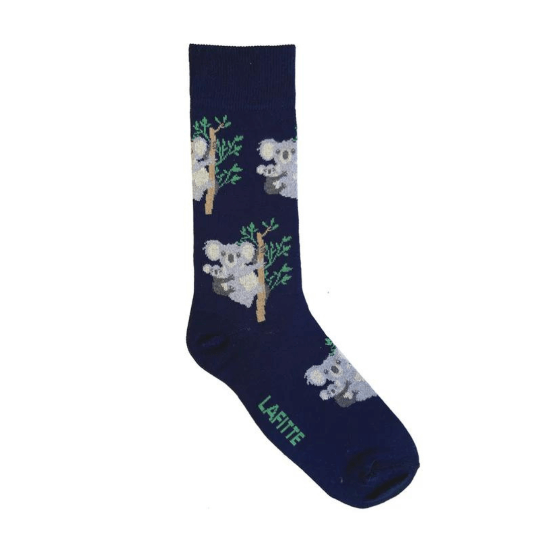 Stewarts Menswear Australian made bamboo socks. Featuring Australian endangered species. Colour is Navy with koalas all over. A portion of sale goes to FAME.