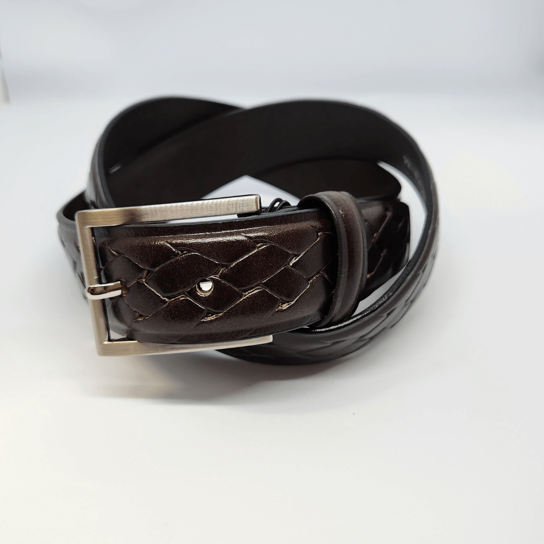 Stewarts Menswear Australian made leather belt - Diego - Brown with silver buckle. Elevate your style with the Diego Australian Made Leather Belt. Handcrafted from premium embossed leather, this belt offers a wide size range and comes in classic colours. Experience the excellence of Australian craftsmanship with a versatile belt suitable for both formal and casual occasions.